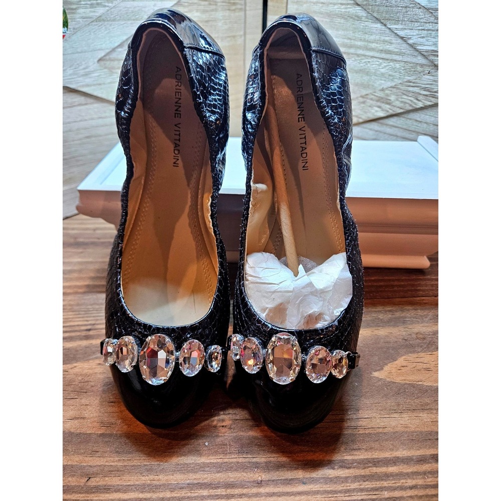 Adrienne Vittadini Packable Ballet Flats 7.5 Black Chapa Jeweled Snakeskin #559‎